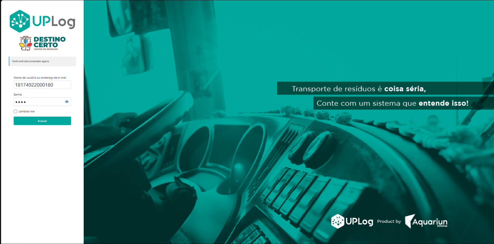 Tela demonstrativa de login do UPLog com dados de acesso protegidos