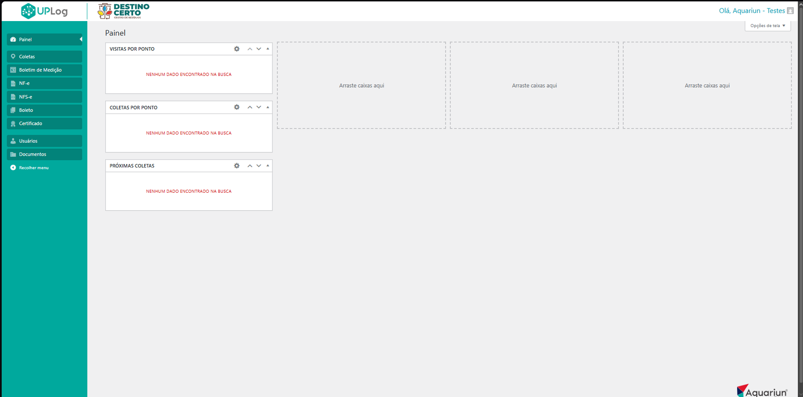 Painel demonstrativo do UPLog com dados de conta protegidos