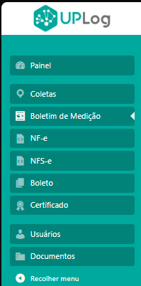 Menu lateral do UPLog com módulos operacionais