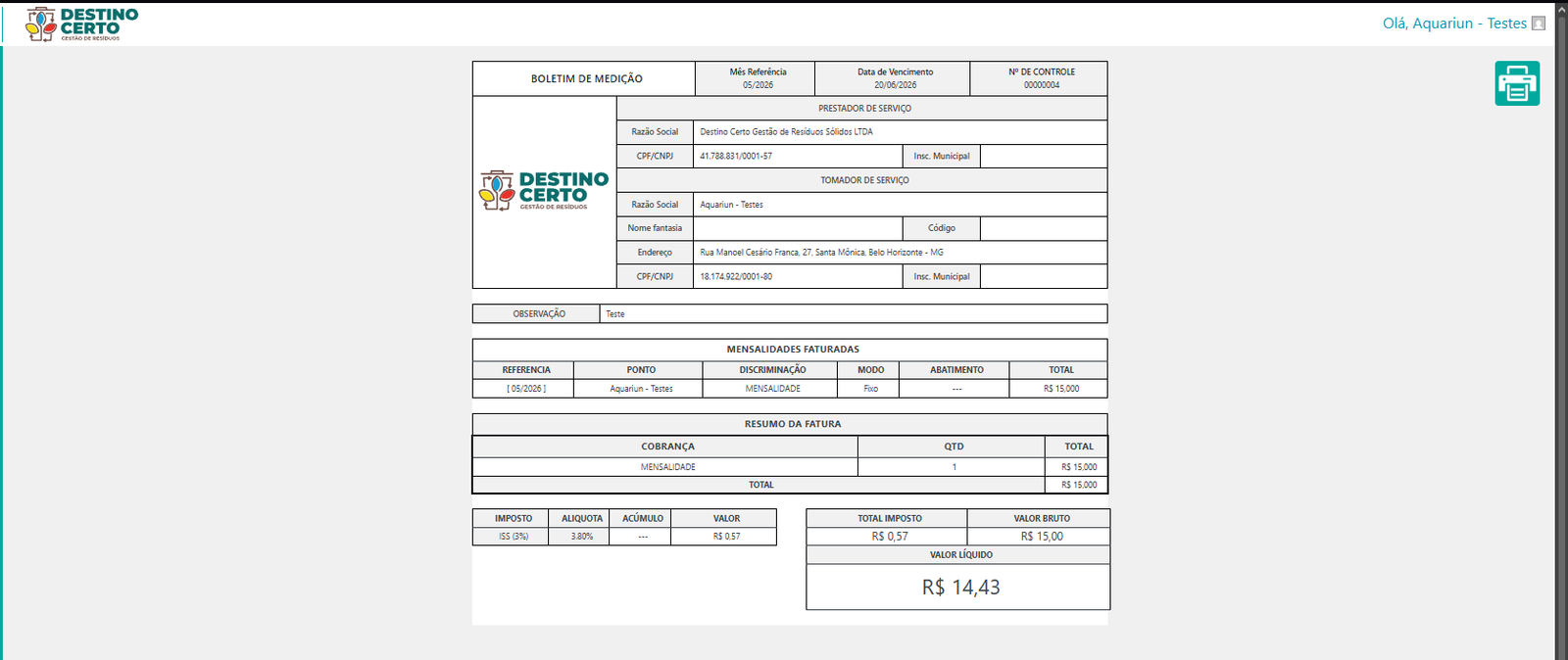 Detalhamento demonstrativo de boletim de medição com dados protegidos